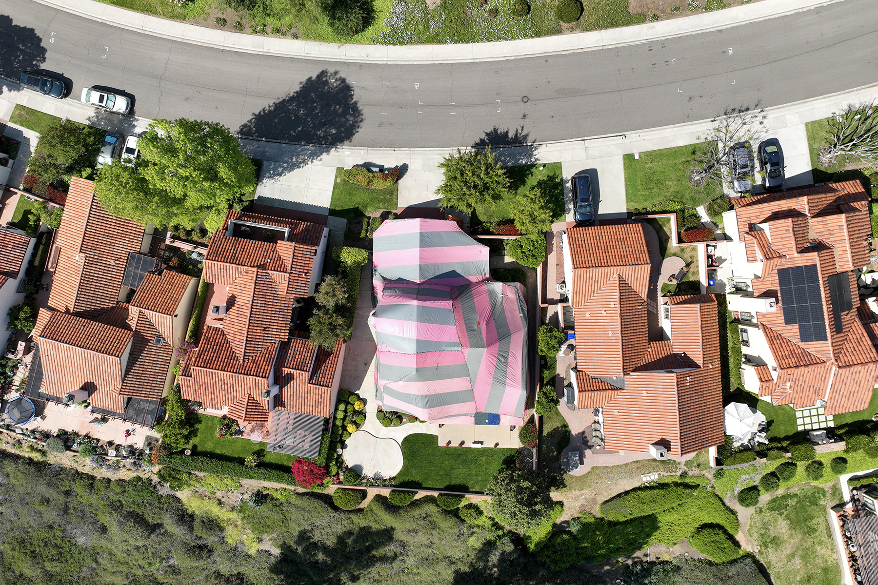 over head image of a neighborhood with one house undergoing termite fumigation with red and grey striped tent